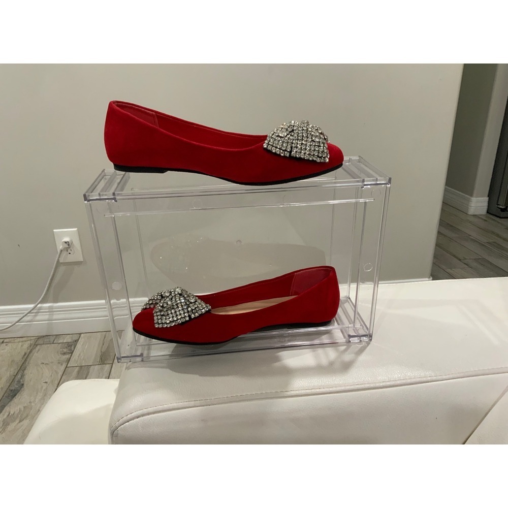 Torrid Red Faux Suede Rhinestone Bow Pointed Toe Ballet Flats Womens Holiday